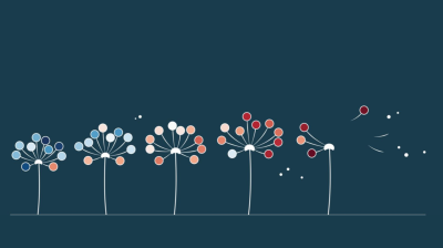 Stylized graphic of six dandelion-like flowers with white, blue, and red circular petals on a navy background, some petals appear to be blowing away.