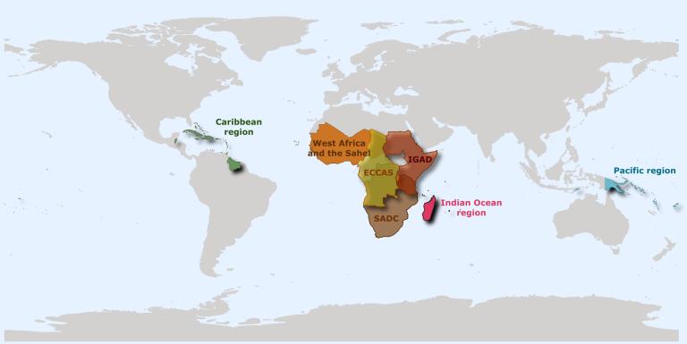 World map highlighting regions: Caribbean, West Africa and the Sahel, ECCAS, IGAD, SADC, Indian Ocean, and the Pacific region in different colors.